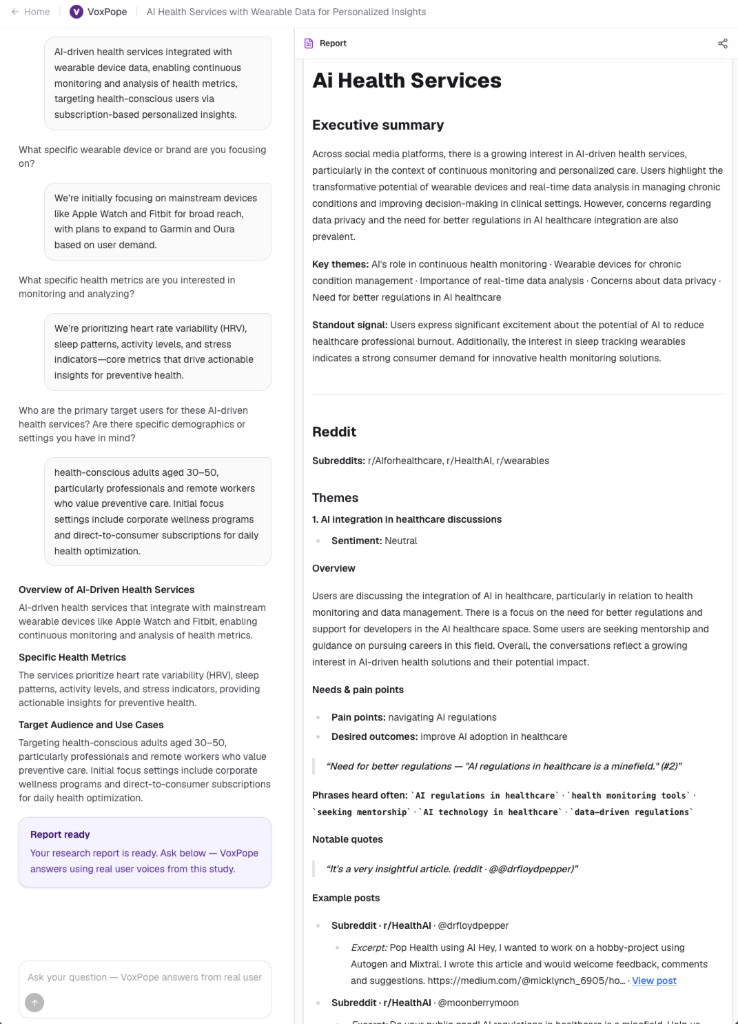 VoxPope interactive research report with themed analysis, original quotes, and follow-up chat